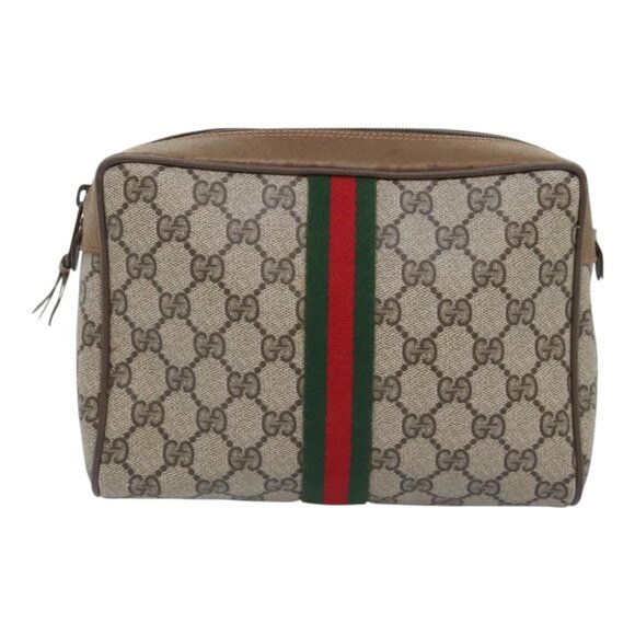 GUCCI GG Supreme Web Sherry Line Clutch Bag PVC Beige Red 89 01 012 Auth bs18432 - Picture 1 of 16